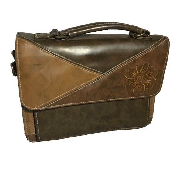 The Stone Messenger Bag Top Handle Embroidered Flower Brown Faux Leather 10x7.5" - Picture 1 of 13